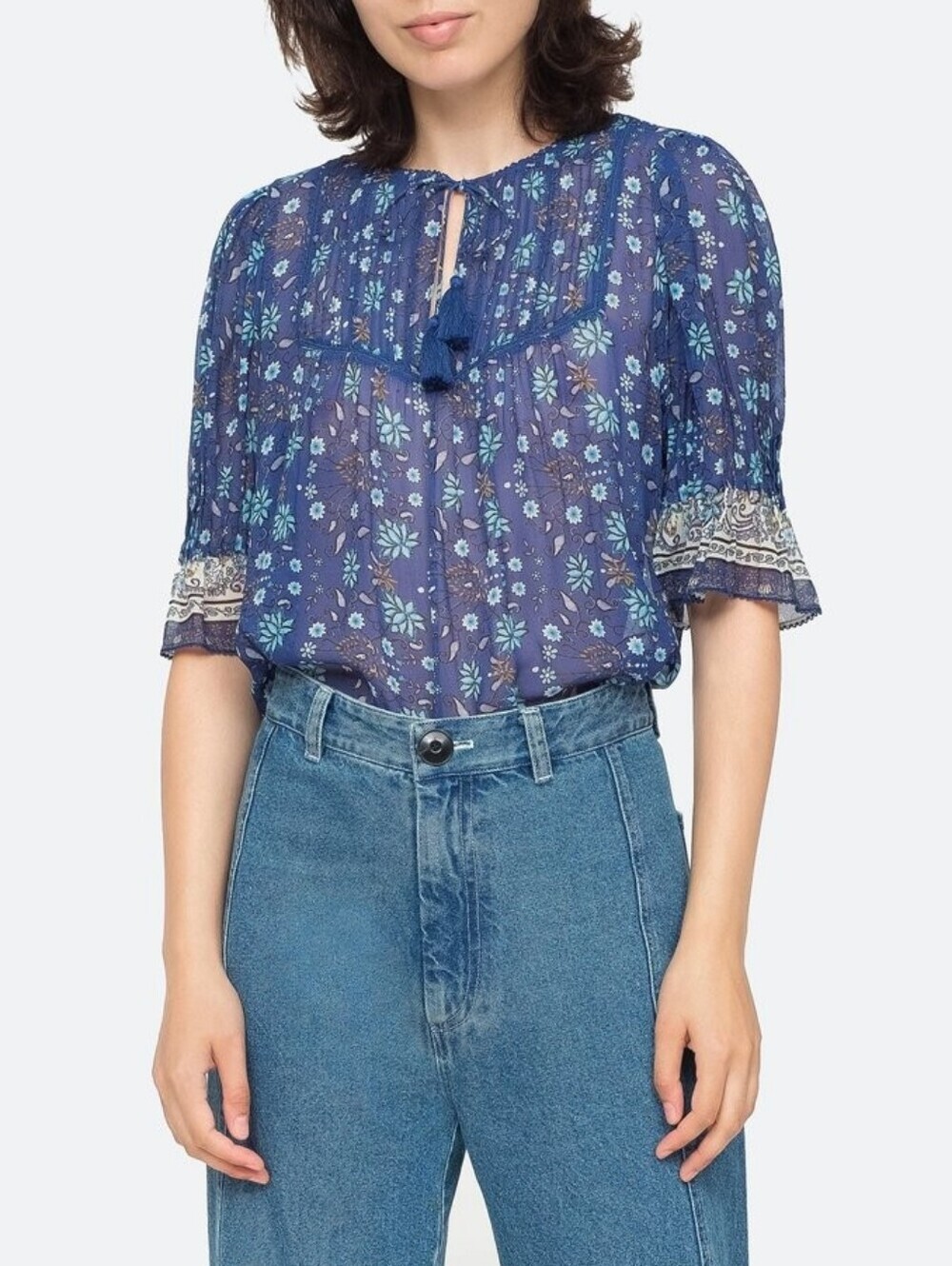 Sea New York Penelope Top Blue Floral Women's Size S Boho Hippie Summer Vacation